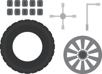 タイヤとホイールとナットとレンチのイメージ素材セット