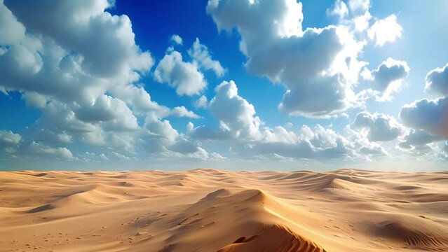 Beautiful desert landscape with white clouds moving in the wind. Abstract fantastic desert dune in seasoning landscape with arches, panoramic, futuristic scene with copy space, blue sky and cloudy. mp
