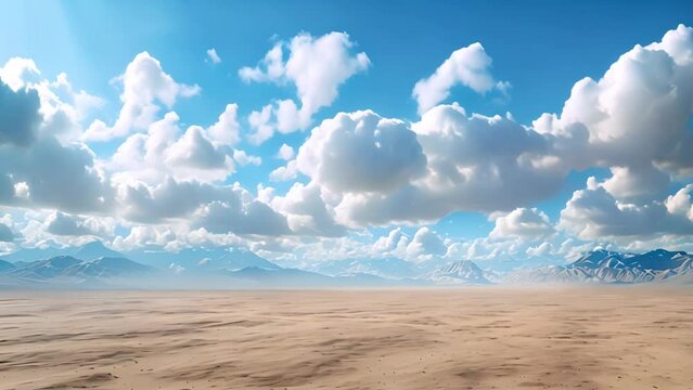 Beautiful desert landscape with white clouds moving in the wind. Abstract fantastic desert dune in seasoning landscape with arches, panoramic, futuristic scene with copy space, blue sky and cloudy. mp