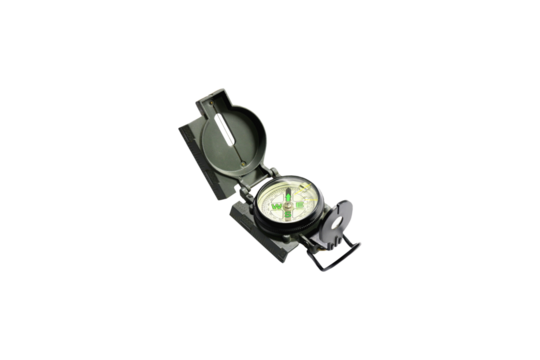 Close-up of portable compass used to tell directions isolated on transparent background png file.