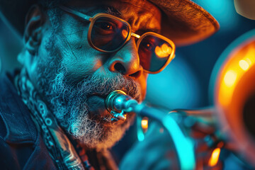 Music jazz performance, close-up of an African American senior male musician playing the trumpet