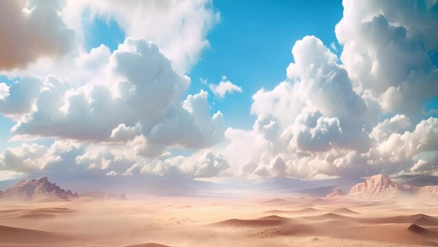 Beautiful desert landscape with white clouds moving in the wind. Abstract fantastic desert dune in seasoning landscape with arches, panoramic, futuristic scene with copy space, blue sky and cloudy. mp