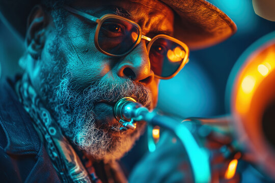 Music Jazz Performance, Close-up Of An African American Senior Male Musician Playing The Trumpet