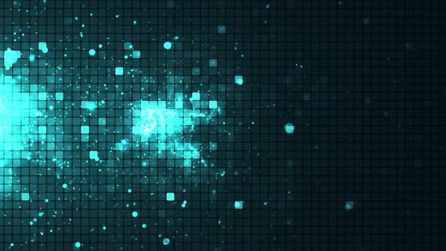 Colorful animation of bright particles flying horizontally. Dynamic particles float chaotically in slow motion in space. Shimmering sparkling squares. Real colored particles in the air. 3D. 4k animati
