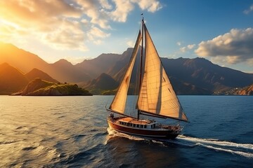 sailboat sailing in open sea at sunrise