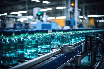 Food production process in a plant. Manufacturing plastic bottles of water