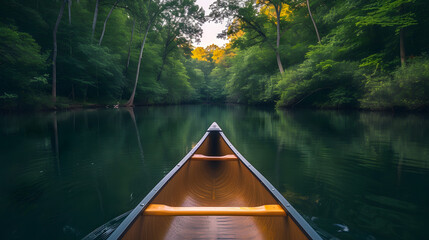 Fototapeta premium A canoe on a tranquil river, with lush forests on either side as the background, during a peaceful summer evening