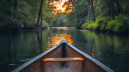 A canoe on a tranquil river, with lush forests on either side as the background, during a peaceful summer evening - obrazy, fototapety, plakaty