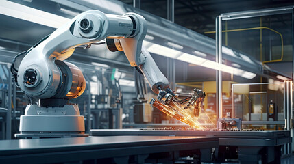 Showcasing cutting-edge technology, sleek industrial robot arm performs meticulous welding tasks, its precision mechanics exemplifying the pinnacle of automation and efficiency in modern manufacturing