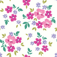 Seamless floral pattern, liberty ditsy print in folk, rustic motif. Cute romantic botanical design: small hand drawn pink flowers, tiny leaves abstract on a white background. Vector illustration.