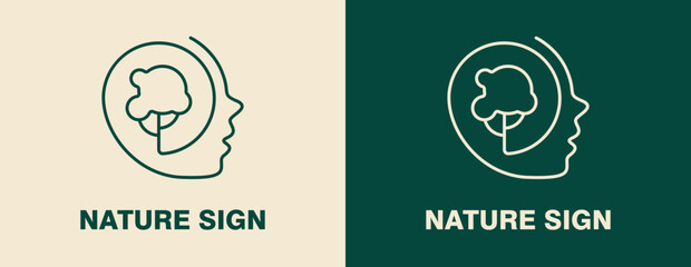 Linear human head with a tree inside. Symbol of thoughts about nature, environmental protection, eco harmony. Graphic design element for logo, icons, identity in line art style. Vector illustration.