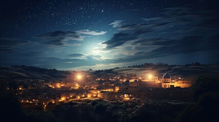 Celestial wonder, Bethlehem skyline, guiding star, Christmas enchantment, divine radiance, spirituality. Generated by AI.