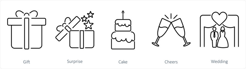 A set of 5 Celebrate icons as gift, surprise, cake