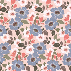 Seamless floral pattern, abstract ditsy print in romantic retro style. Cute botanical surface design: hand drawn flowers, leaves, wild meadow in light pastel colors. Vector illustration.