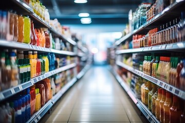 Blurred supermarket aisle with colorful products - obrazy, fototapety, plakaty