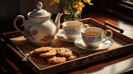 Fototapeta premium Baked comfort, tea time joy, homemade goodness, cozy relaxation. Generated by AI.