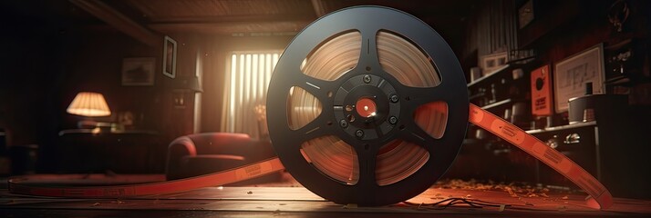 Classic cinematography, old-fashioned movie reel, retro film stock, sentimental ambiance, a trip down memory lane, cinematic history. This vintage relic carries you back in time. Generated by AI. - obrazy, fototapety, plakaty