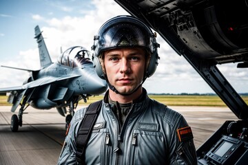 a male combat pilot, donned in a military flight suit, standing in front of an arial vehicle