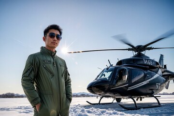 a male combat pilot, donned in a military flight suit, standing in front of an arial vehicle
