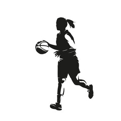 Young woman playing basketball. She runs and dribbles, isolated vector silhouette, ink drawing. Female basketball logo