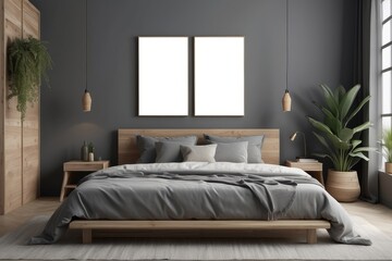 Blank frame mockup near bed. Empty white poster frame on the wall of bedroom. Modern contemporary design of luxurious cozy home interior, apartment background
