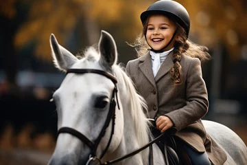 Tuinposter equestrian young girl riding a horse © Belish