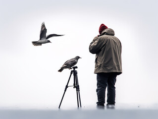 a man standing next to a bird - obrazy, fototapety, plakaty