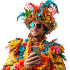 A young man dressed in carnival costume holding a Mobile isolated on a transparent background as PNG