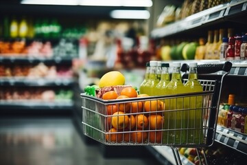shopping cart with fruits and juice in a supermarket - obrazy, fototapety, plakaty