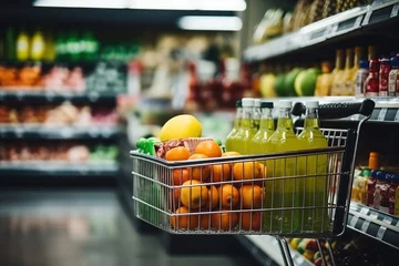 Fotobehang shopping cart with fruits and juice in a supermarket © Belish
