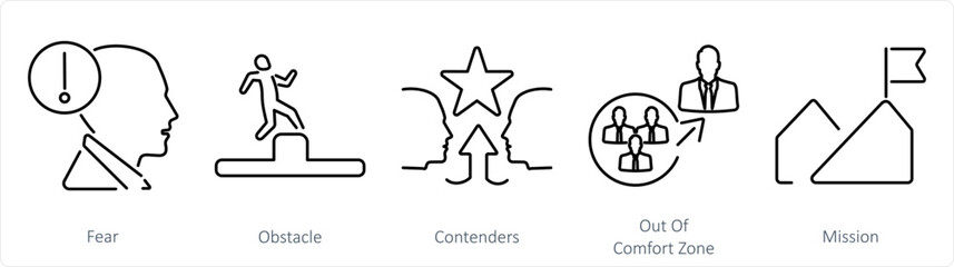 A set of 5 Challenge icons as fear, obstacle, contenders