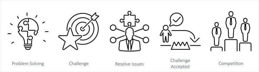 A set of 5 Challenge icons as problem solving, challenge, resolve issues