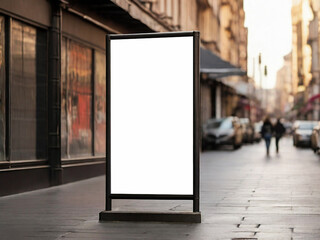 Blank white poster on a city street. 3d rendering. Created using generative AI tools