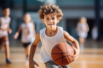 boy playing basketball inside