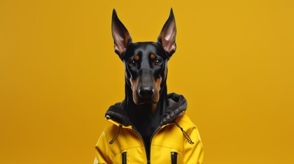 Black and Brown Dog Wearing Yellow Jacket. Isolated on a yellow background. Generative AI.