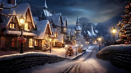 Cozy, picturesque, holiday charm, snowy landscape, serene atmosphere, magical ambiance, tranquil setting, festive lights, winter wonderland. Generated by AI.