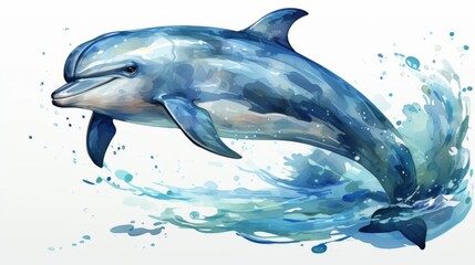 Watercolor dolphin drawing on a white background. Underwater art