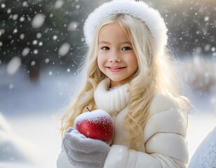クリスマス 雪の中で林檎を持って微笑む北欧系の少女 (ポートレート)