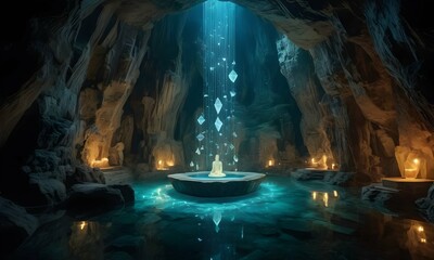 Tranquil meditation and practicing in mystical cave. Enchanted underground chamber with a tranquil pool and crystals. AI illustration.