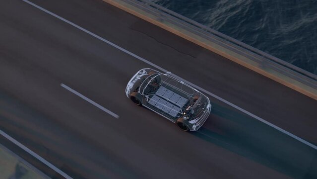 Animation of a generic electric car revealing the chassis with battery pack while driving. Aerial view from above. Decarbonisation concept. High quality 3d rendering animation.