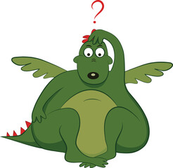 Thinking green dragon with question mark