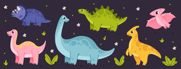 Set of cute colorful dinosaur, isolated, cute illustrations