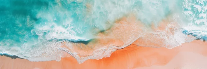 Rolgordijnen Aerial View of Ocean, Waves and Beach Sand in the Style of Light Orange and Cyan - Ocean Pastel Color Scheme Shaped Canvas Background created with Generative AI Technology © Erasoiat