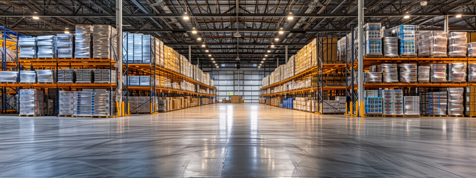 Interior view of a vast warehouse with rows of high shelving filled with palletized goods.
