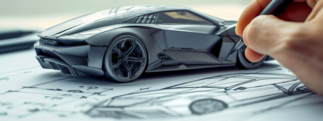Car designer fine-tuning a model vehicle with blueprint drawings.
 - obrazy, fototapety, plakaty