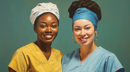 Portrait of two nurses who are smiling. One girl is dark-skinned, the other is light-skinned. Realistic illustration. Banner for the clinic.