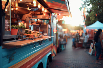 Close up of food truck in background of city festival. Lifestyle concept of events and festivals.