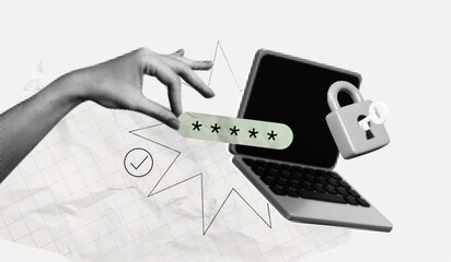 Trendy Halftone Collage with Human Hand holding Pin Code on Screen Computer Laptop. Locked padlock with password. Protecting your personal data online. Contemporary vector art illustration - obrazy, fototapety, plakaty