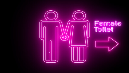 Purple neon outline female toilet or restroom sign on a black background. Female sign. Sign women's toilet. Man and women toilet signs in neon light