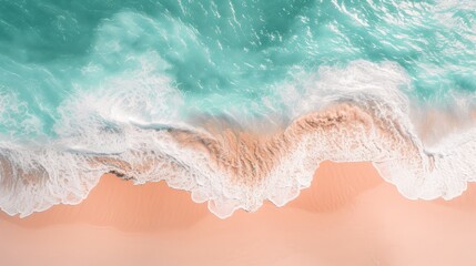 Fototapeta na wymiar Aerial View of Ocean, Waves and Beach Sand in the Style of Light Orange and Cyan - Ocean Pastel Color Scheme Shaped Canvas Background created with Generative AI Technology